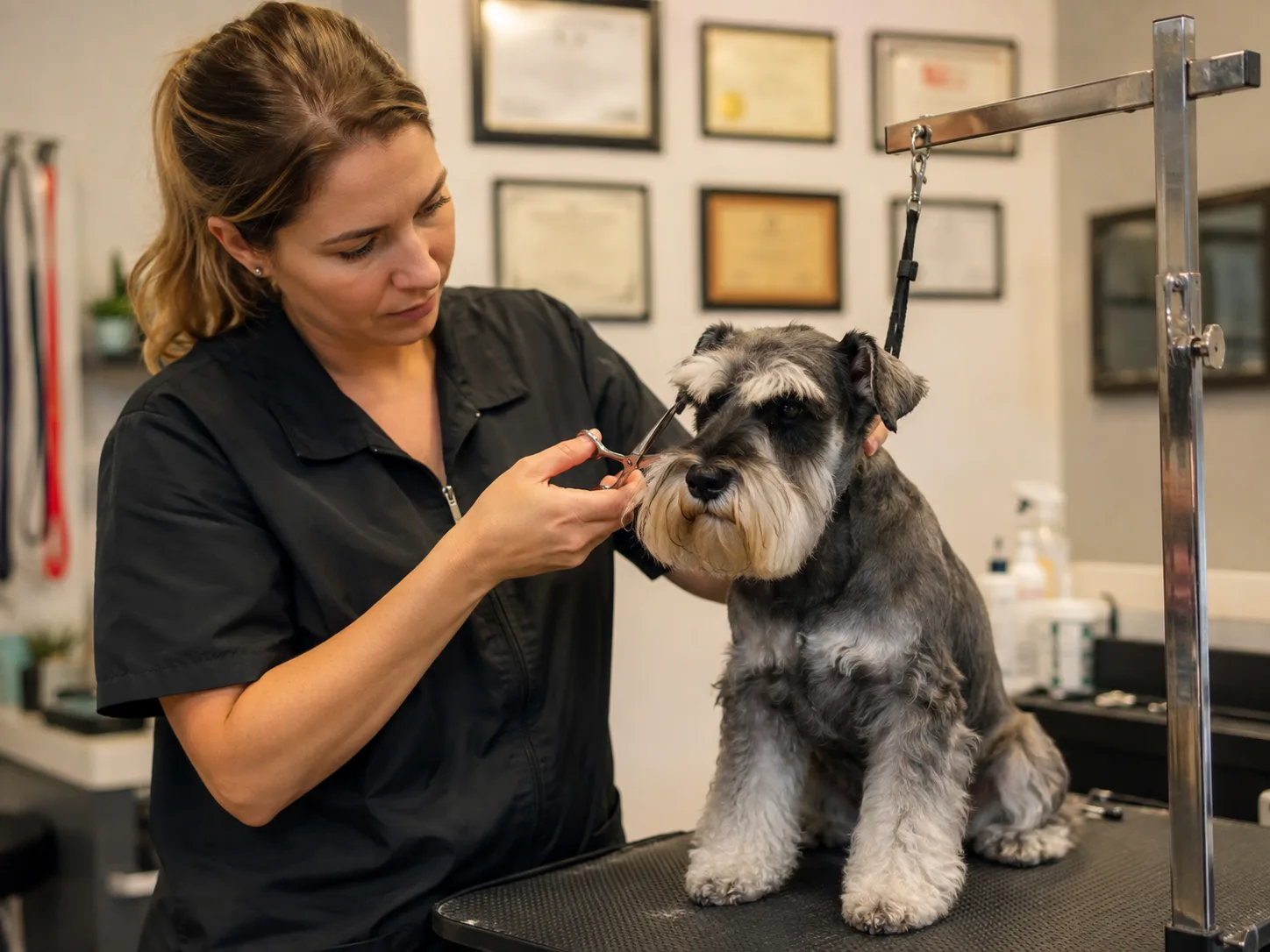 Professional dog groomer trimming a schnauzer in a salon with certificates on the wall