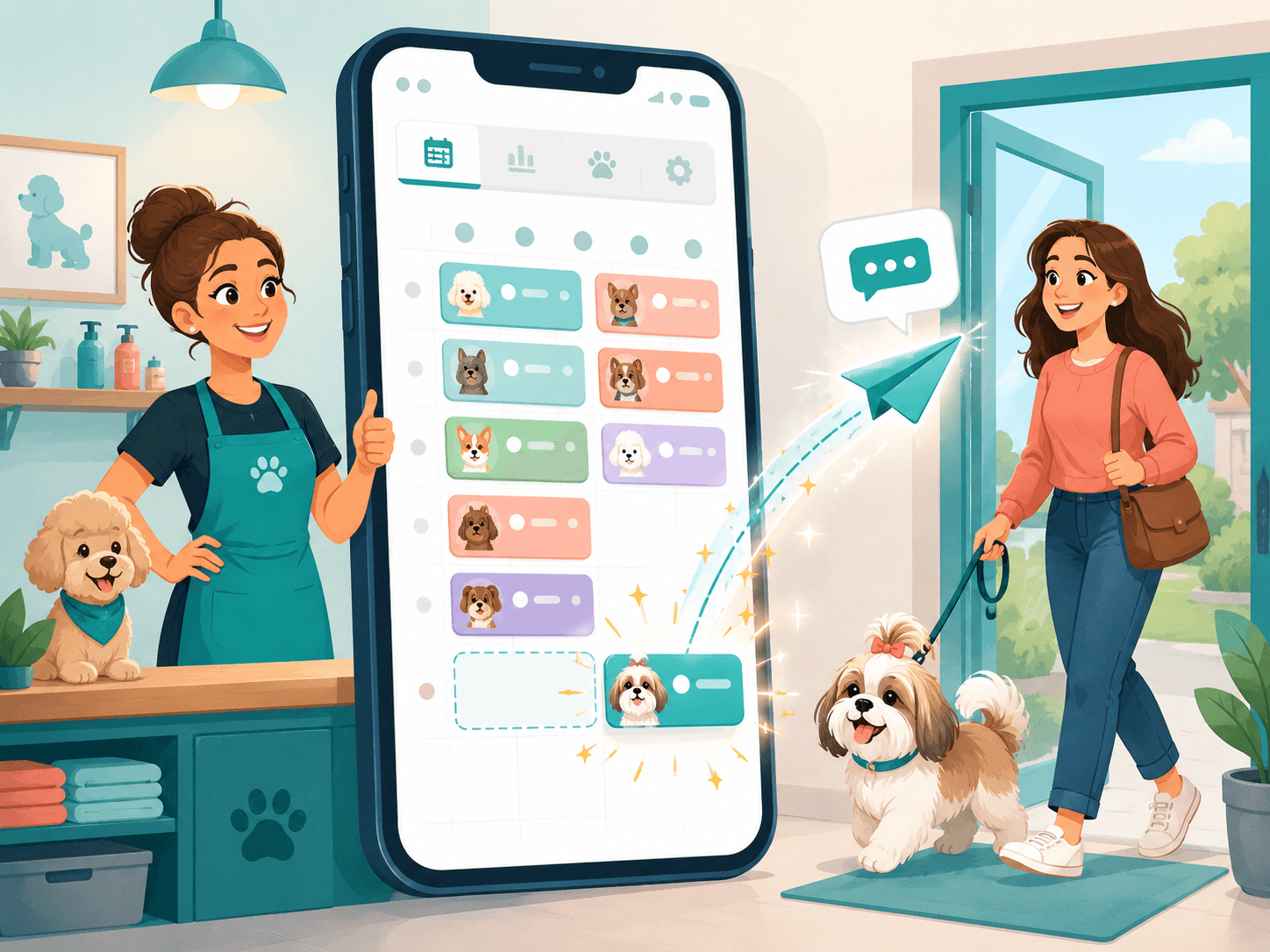 Automated grooming appointment reminder text filling an empty salon calendar slot with a client and their dog