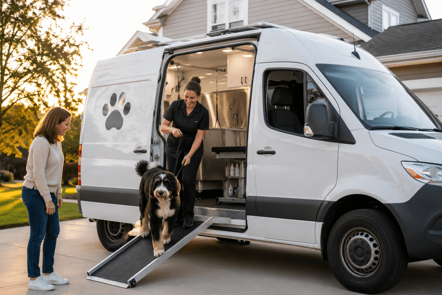 Mobile dog grooming van parked at a client's home with a groomer walking a Bernedoodle down the ramp