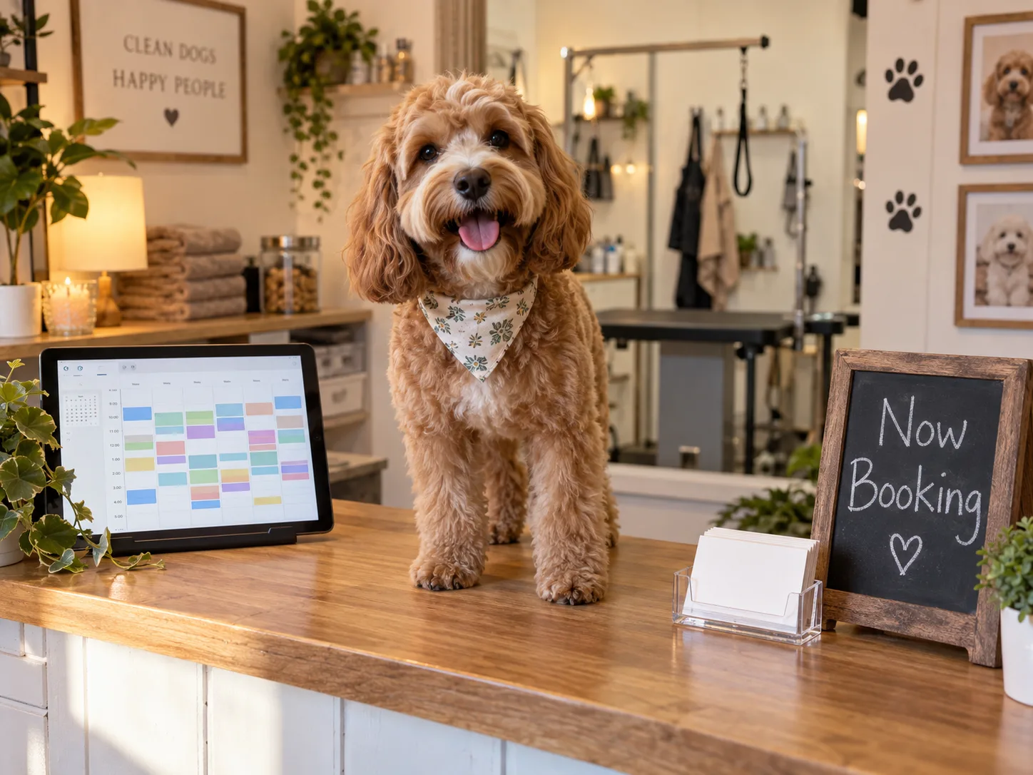 Freshly groomed cockapoo on a grooming studio counter next to a tablet showing a full appointment calendar