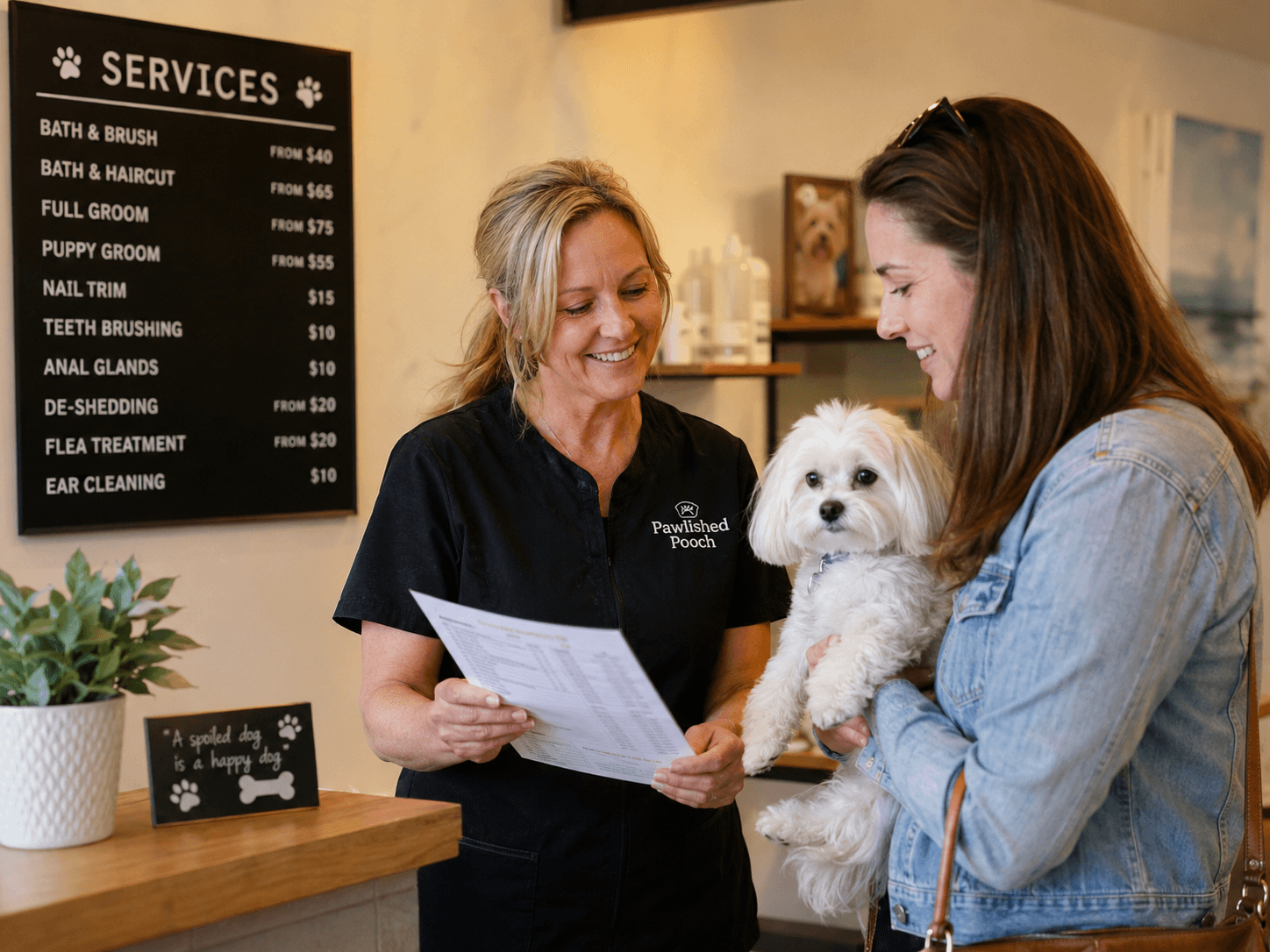 Groomer discussing dog grooming prices with a client at a salon counter with a Maltese