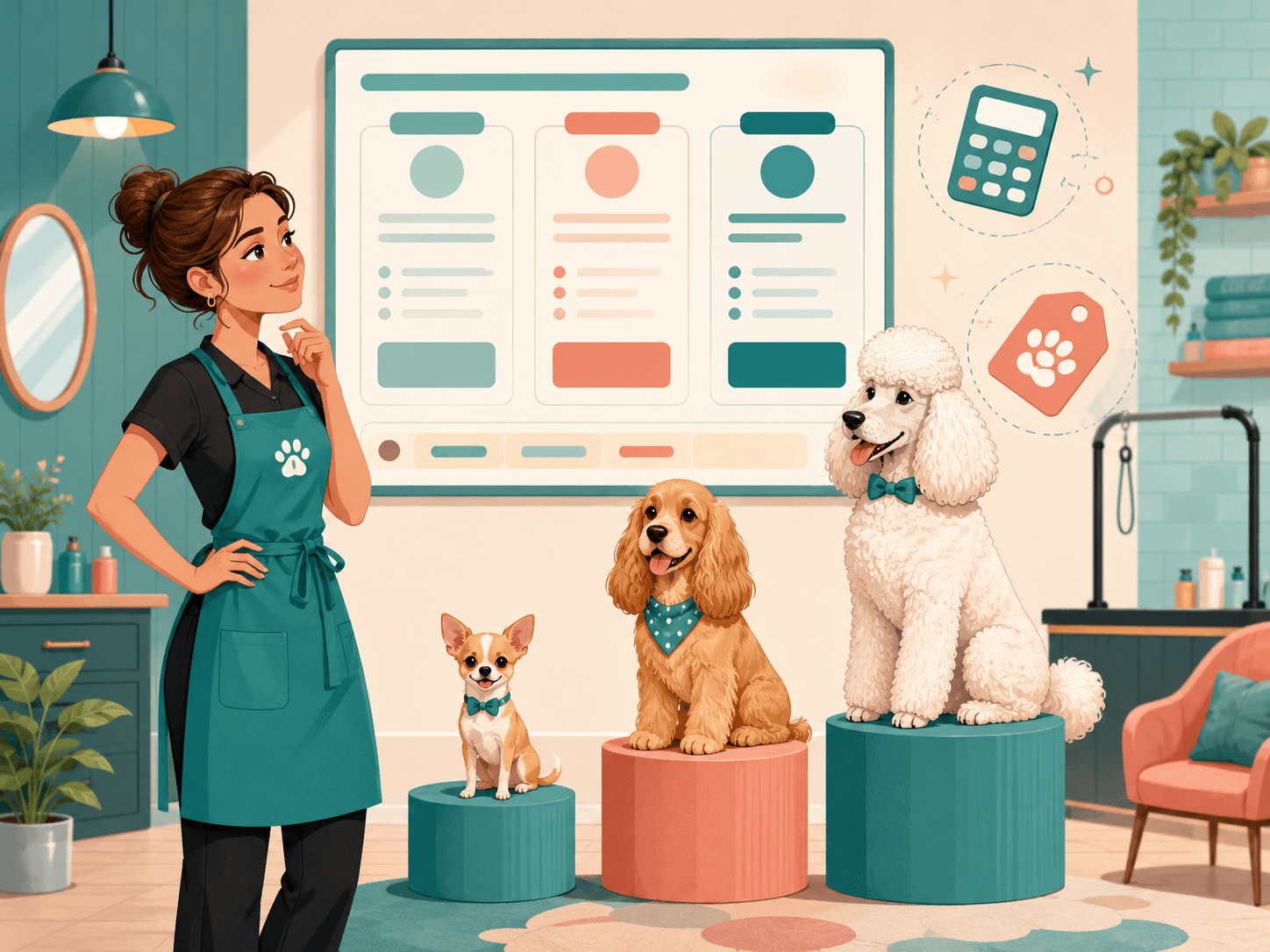 Dog groomer setting grooming prices by dog size with small, medium, and large dogs displayed like a pricing chart