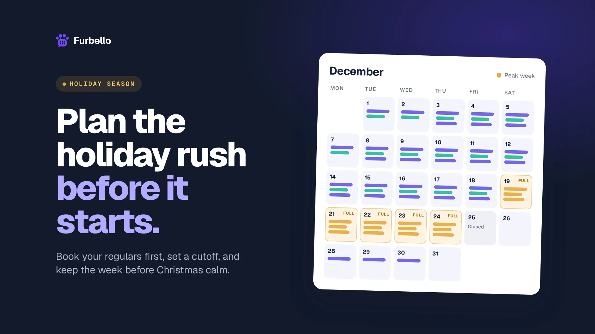 December grooming calendar with the week before Christmas marked full beside the headline Plan the holiday rush before it starts