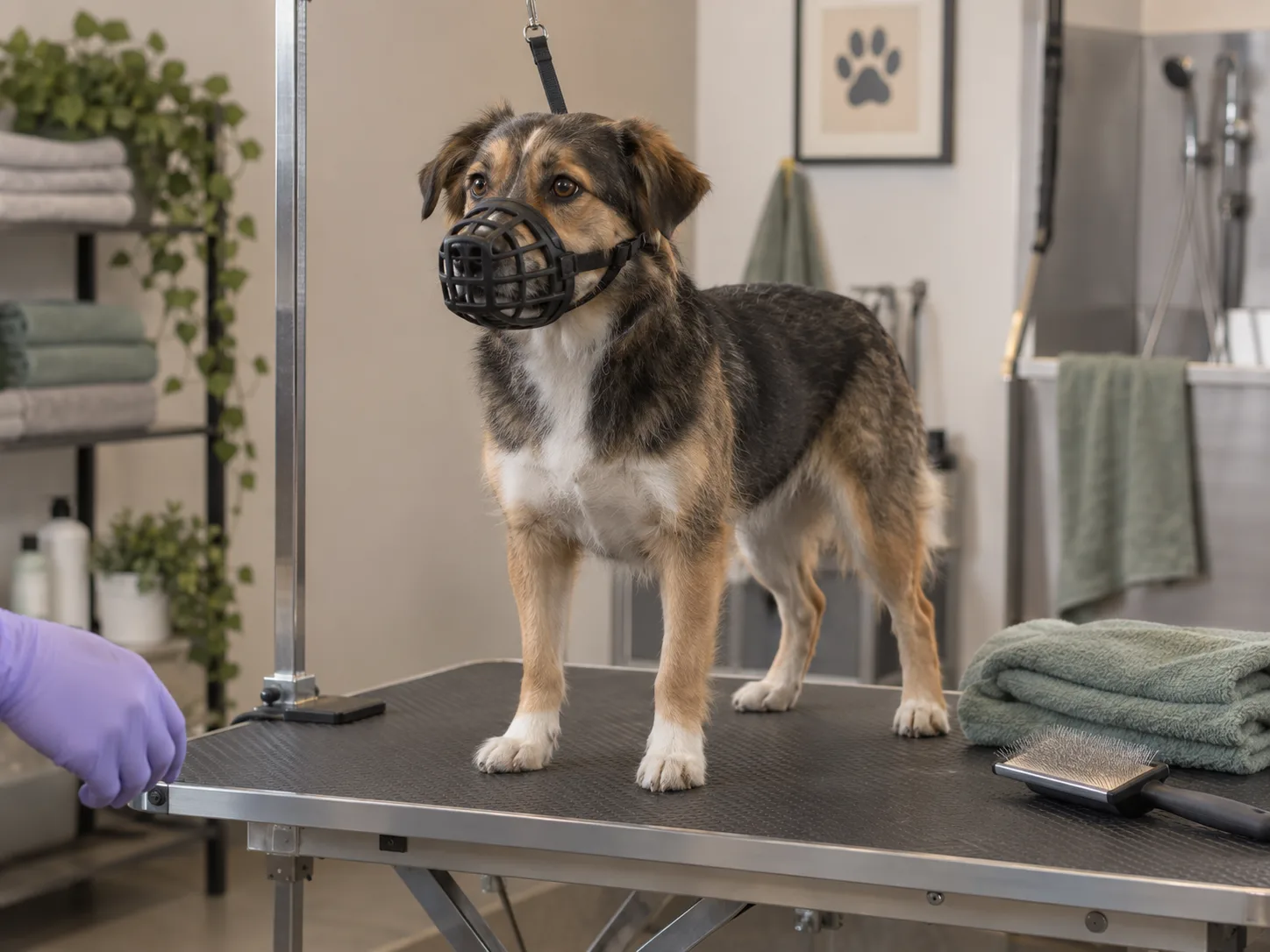 Dog wearing a basket muzzle standing calmly on a grooming table secured with a grooming loop