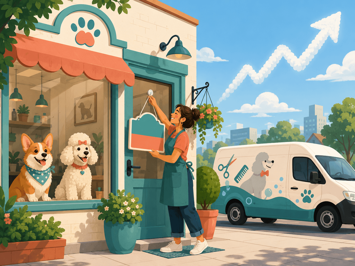 New dog grooming business owner opening a grooming salon with a mobile grooming van parked outside