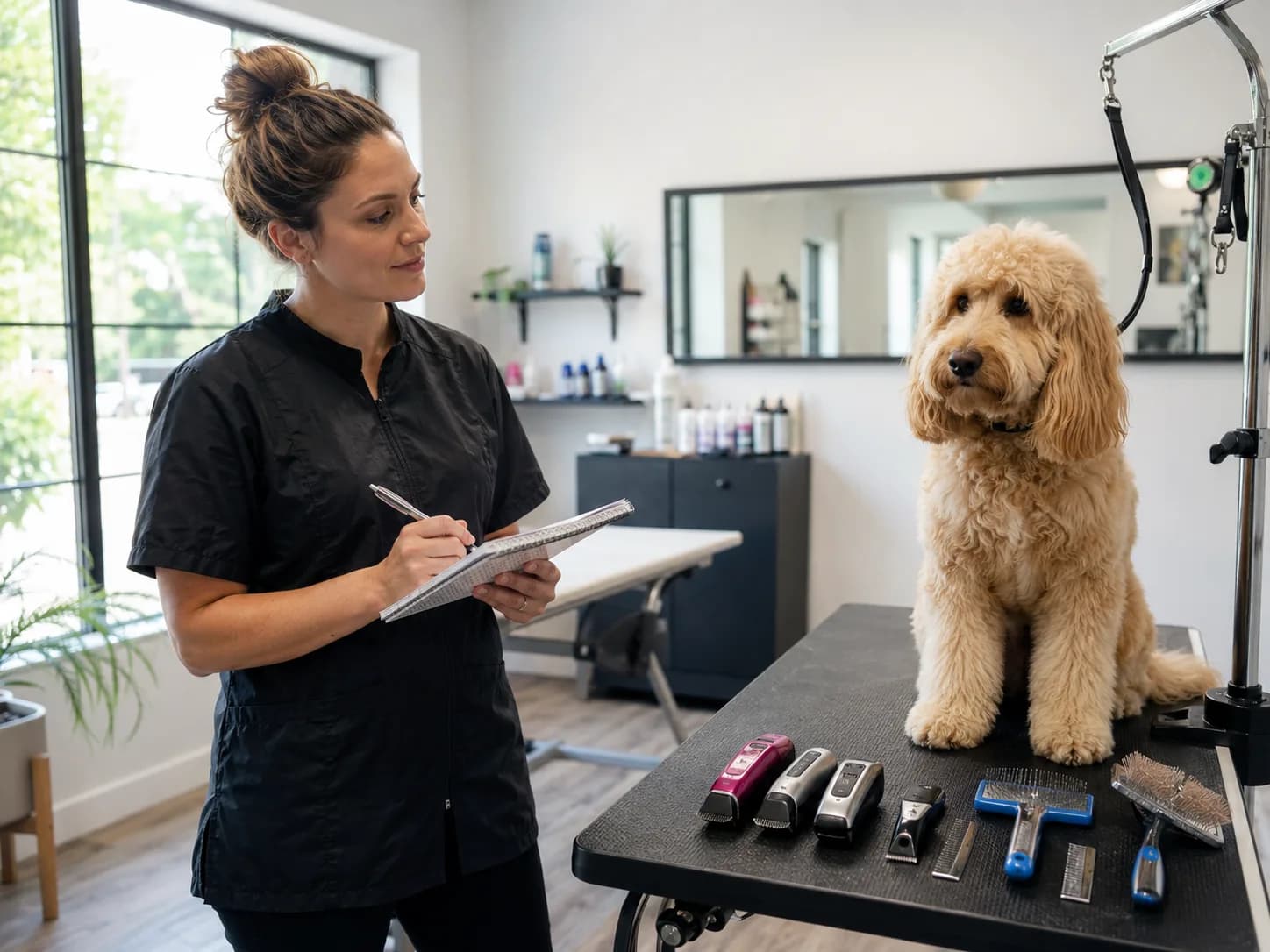 New dog groomer planning startup costs in her grooming studio with a golden doodle on the table