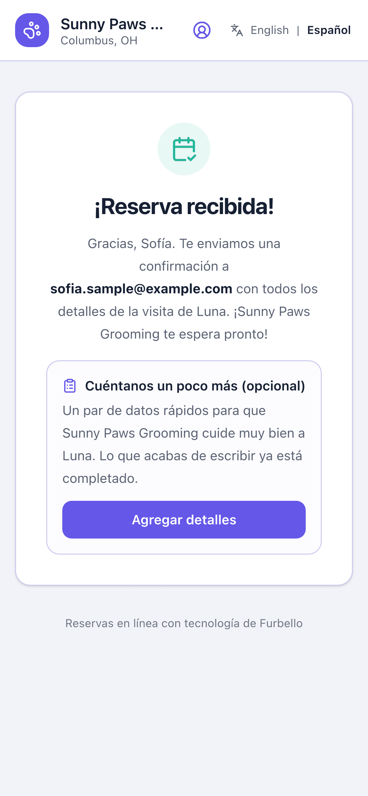 Reserva recibida en un teléfono