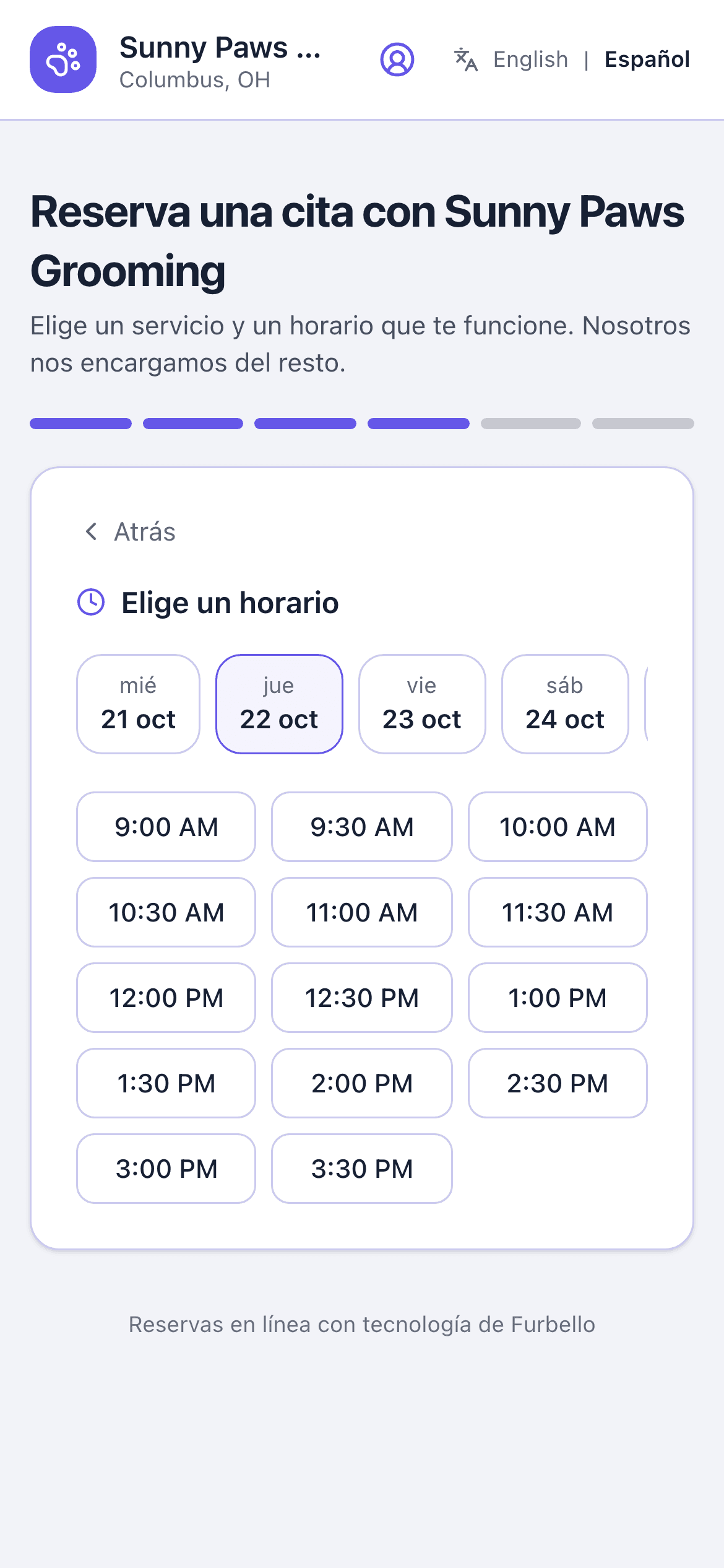 Página de reservas: elegir horario en un teléfono