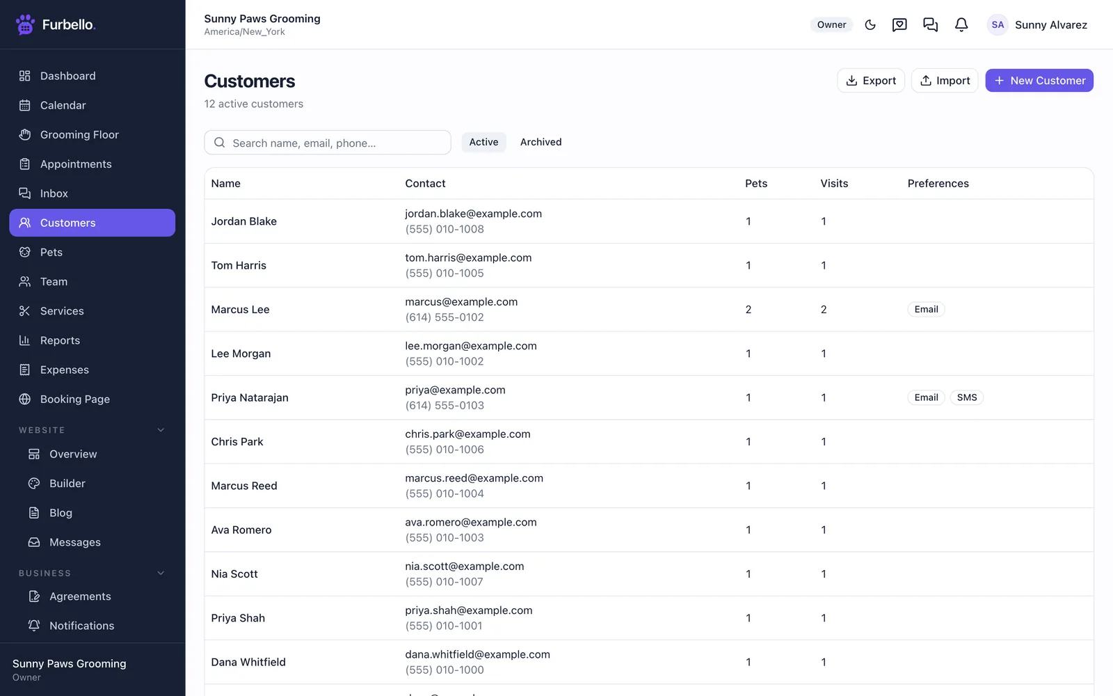 The Furbello Customers page with the Export button at the top right, next to Import and New Customer