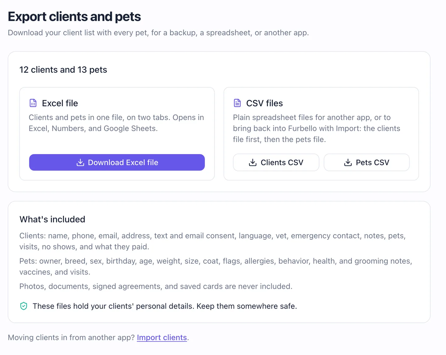 The Export clients and pets page showing 12 clients and 13 pets, a Download Excel file button, and Clients CSV and Pets CSV buttons