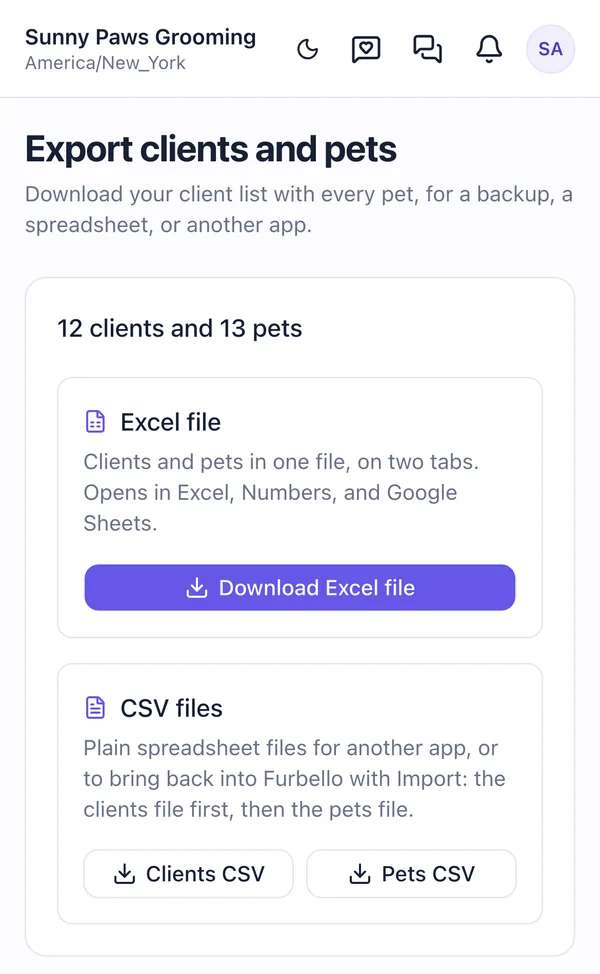 The same export page on a phone, with the Excel file and CSV files choices stacked