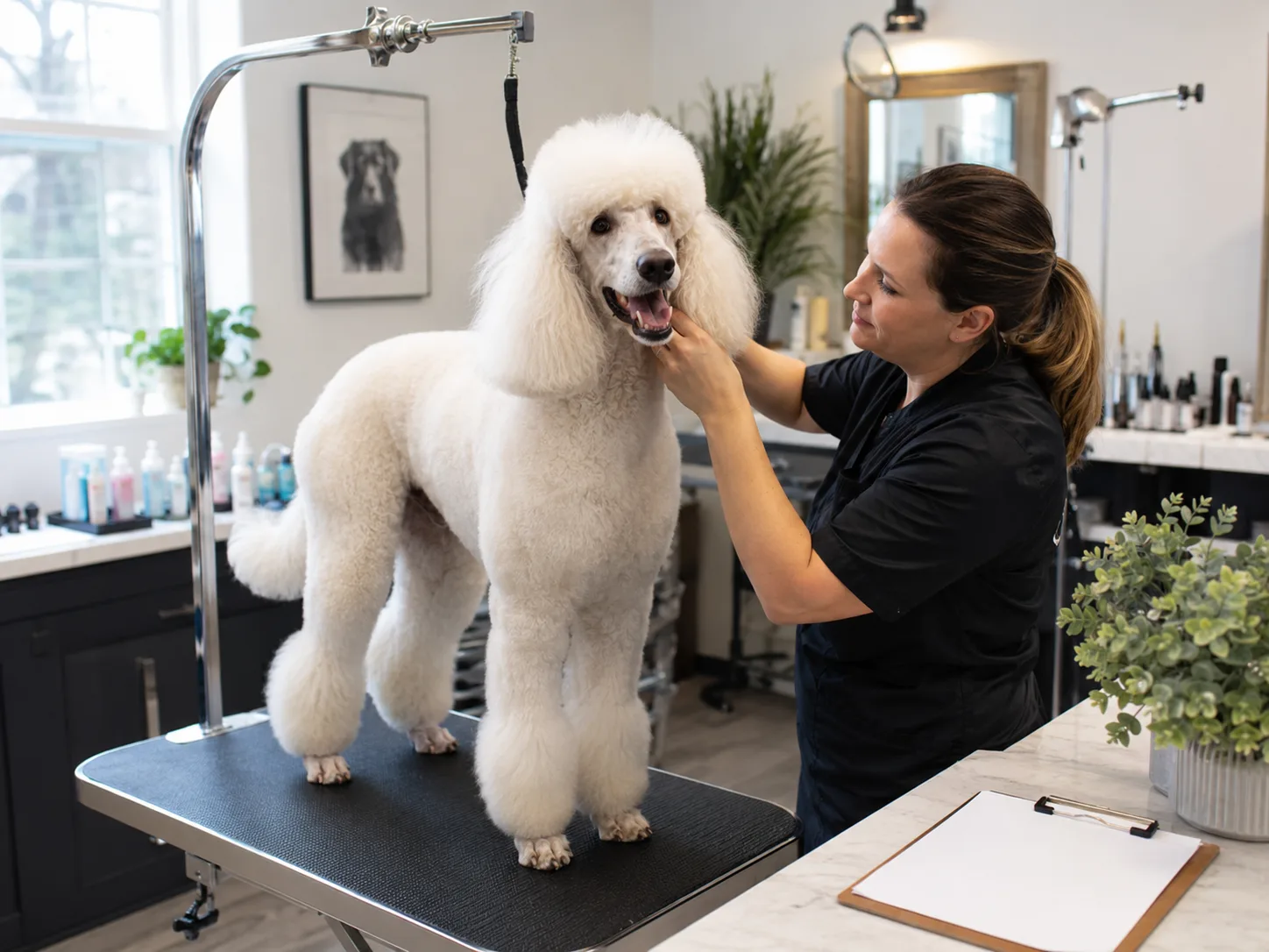 Groomer finishing a standard poodle groom next to a pricing sheet on the salon counter