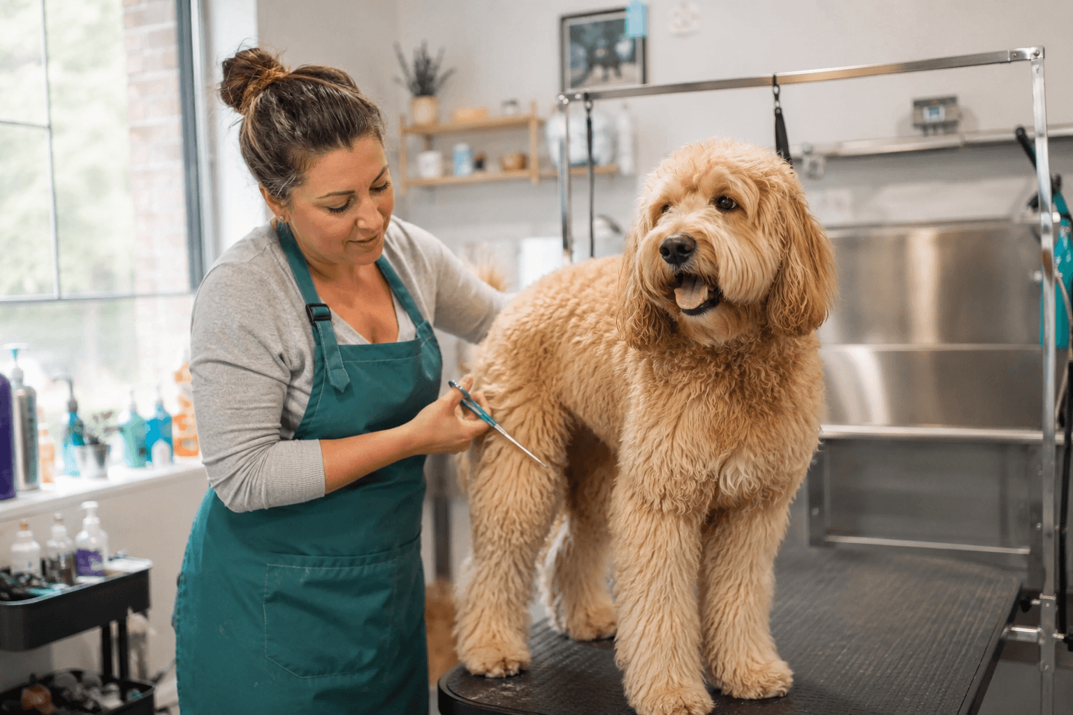 Professional dog groomer trimming a Goldendoodle on a grooming table while starting her own dog grooming business