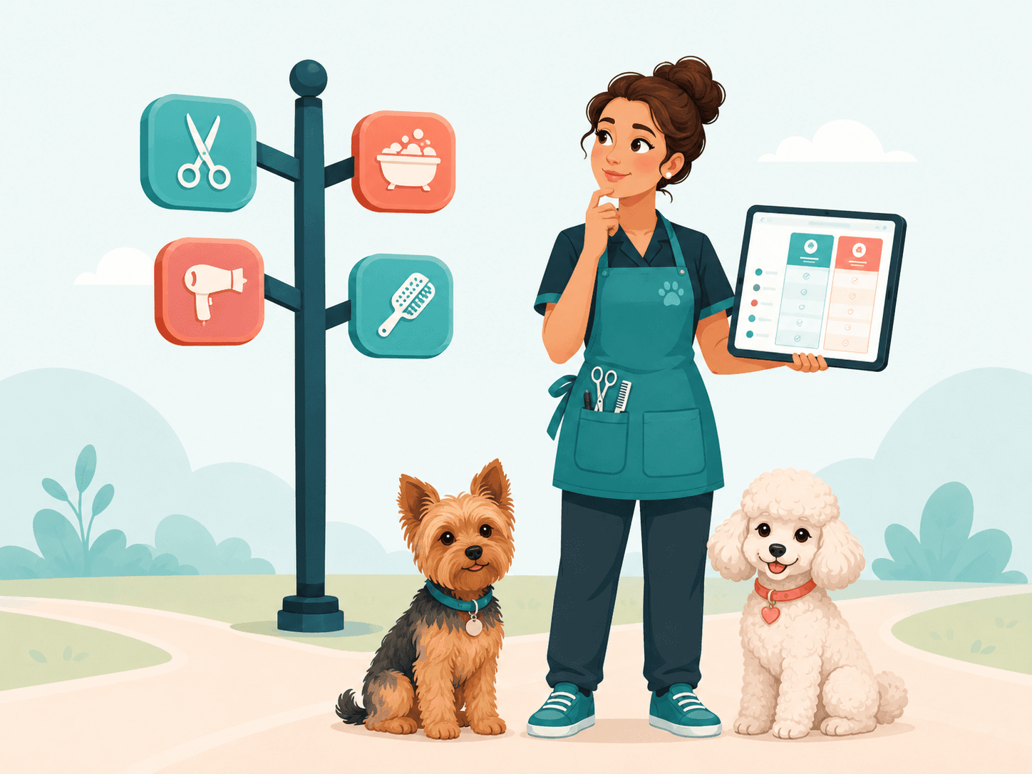 Dog groomer comparing MoeGo alternatives on a tablet with grooming software comparison chart and two dogs beside them