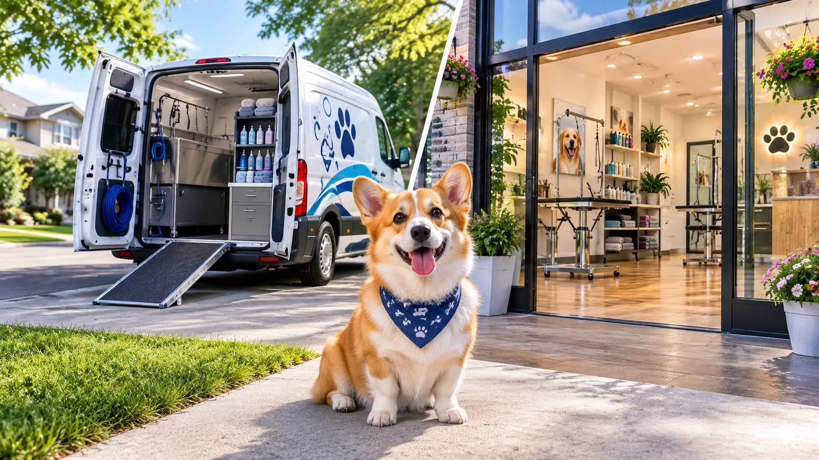Mobile grooming van and grooming salon storefront side by side with a corgi in the foreground