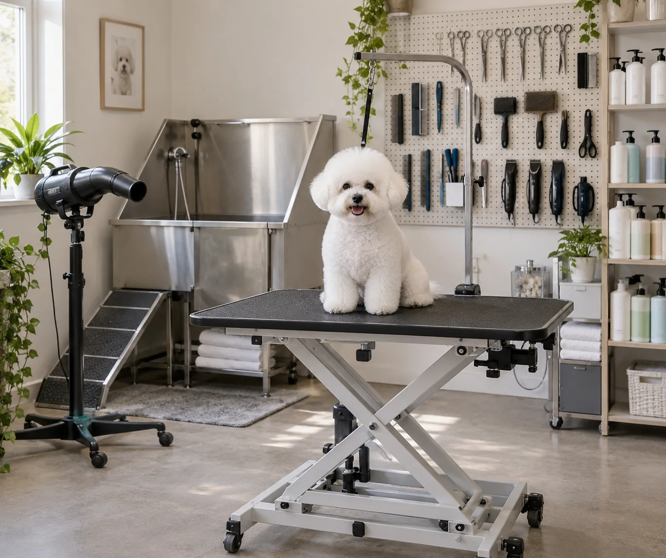 Organized dog grooming room with a grooming table, bathing tub, dryer, and tools laid out for a new grooming business