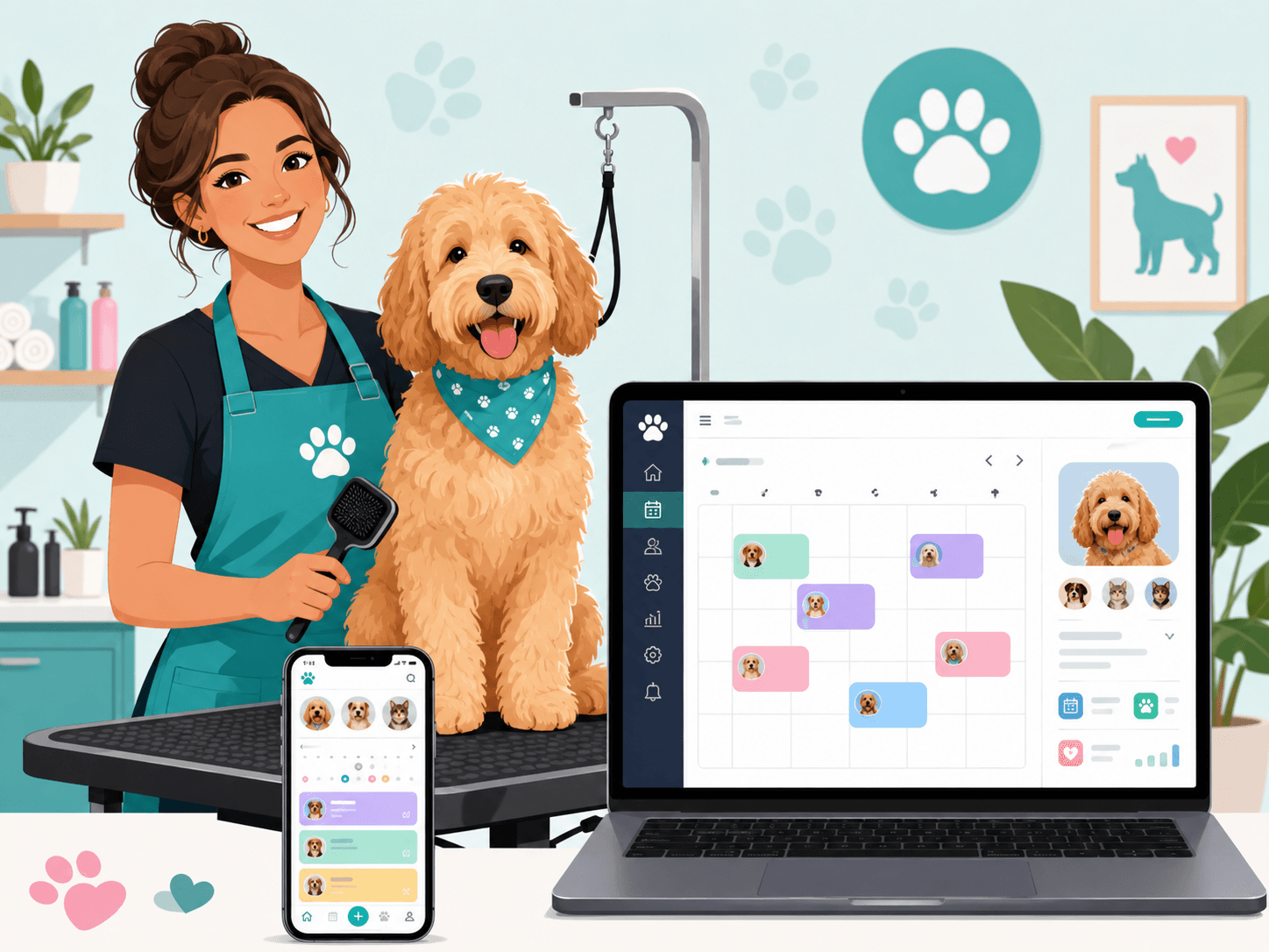 Professional dog groomer using dog grooming software on a laptop and phone to manage appointments while grooming a golden doodle