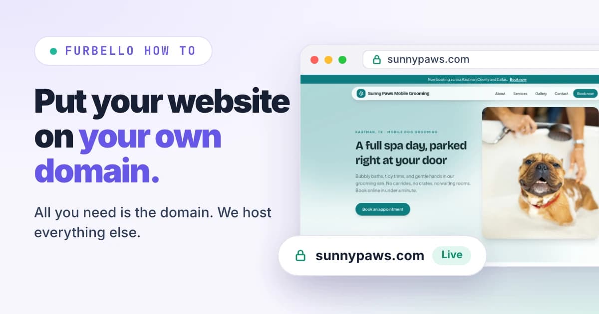 A Sunny Paws grooming website open at its own domain with a Live badge