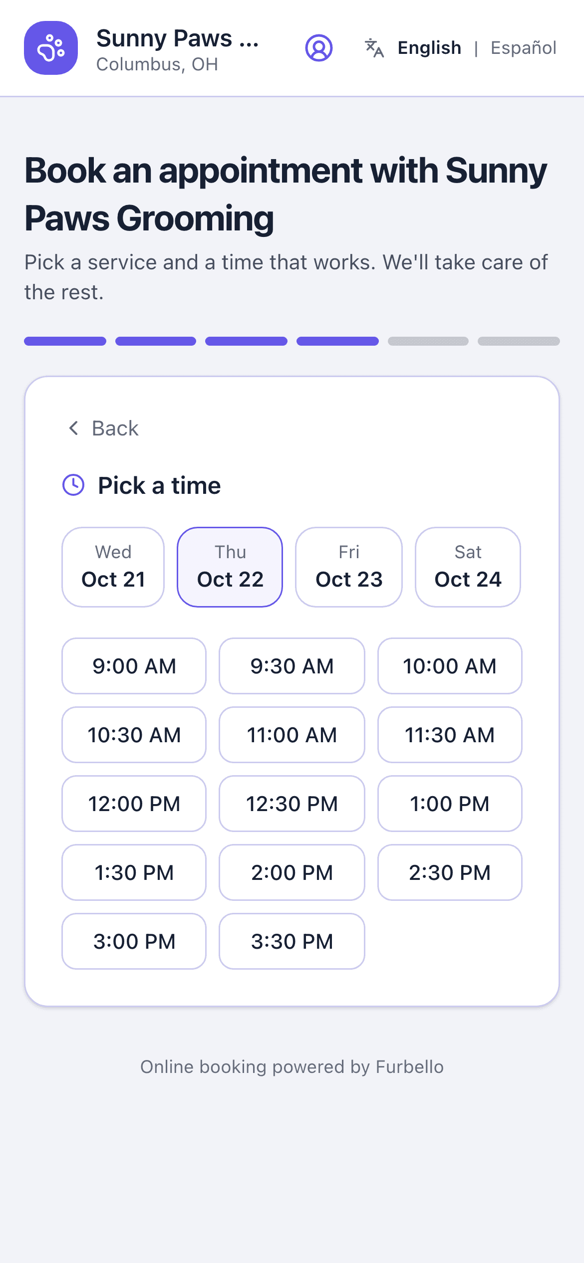 Booking page: pick a time on a phone